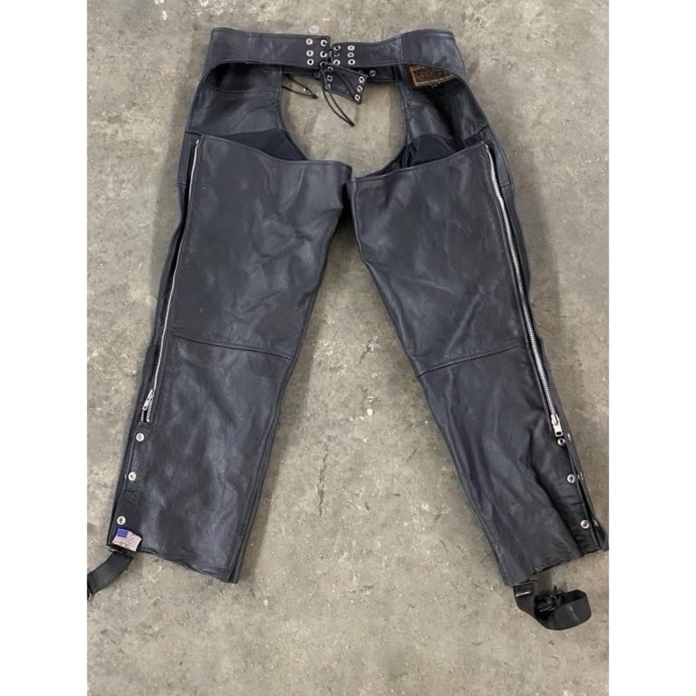 Daniel Smart Black Leather Motorcycle Chaps Pants Mens 2XL Heavy Duty Biker